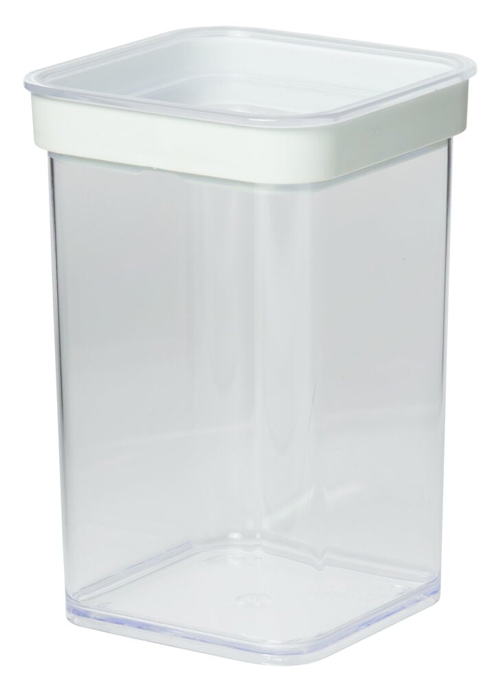 Transparent plastburk med vitt lufttätt lock.