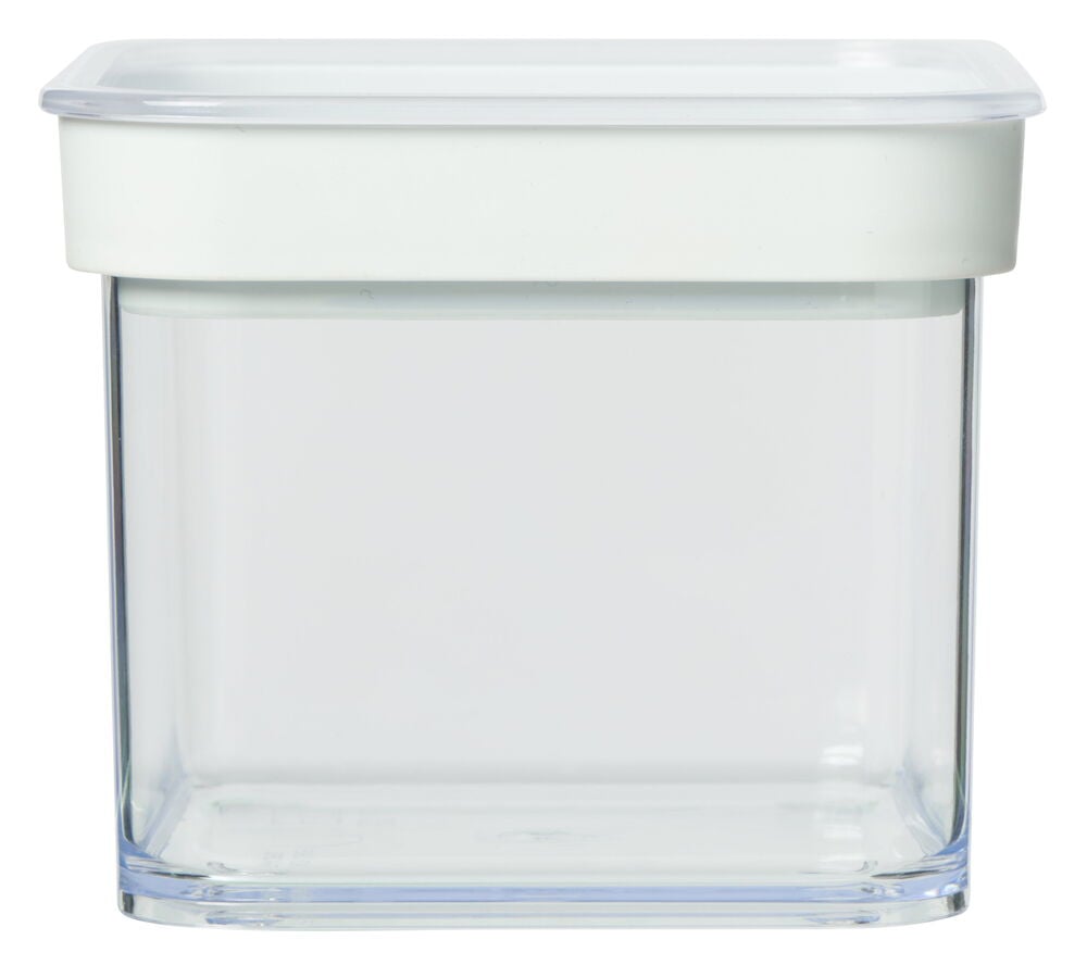 Suorakulmainen läpinäkyvä purkki, jossa on valkoinen tiivis kansi.