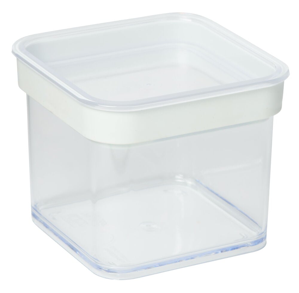 Transparent plastburk med vitt lufttätt lock.