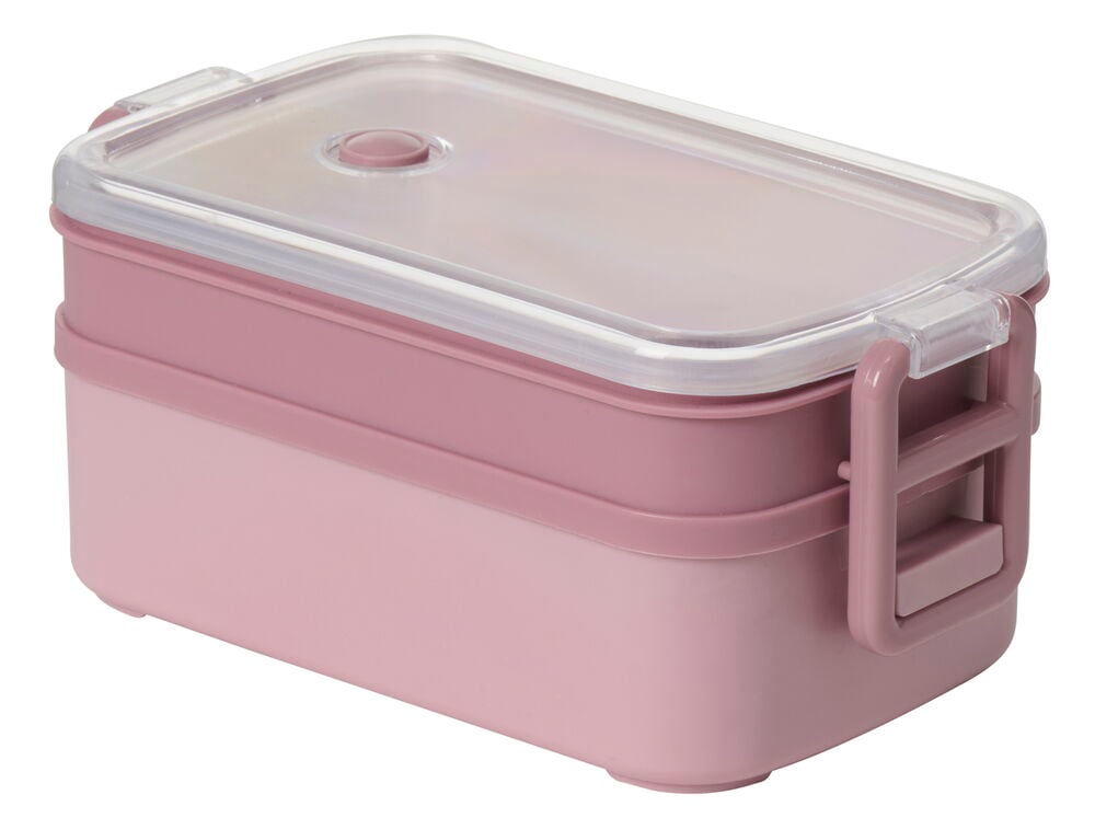 Vaaleanpunainen muovinen eväsrasia, jossa on läpinäkyvä kansi.