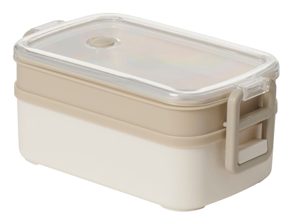 Muovilaatikko, jossa on kaksi kerrosta ja napsautuslukitukset.