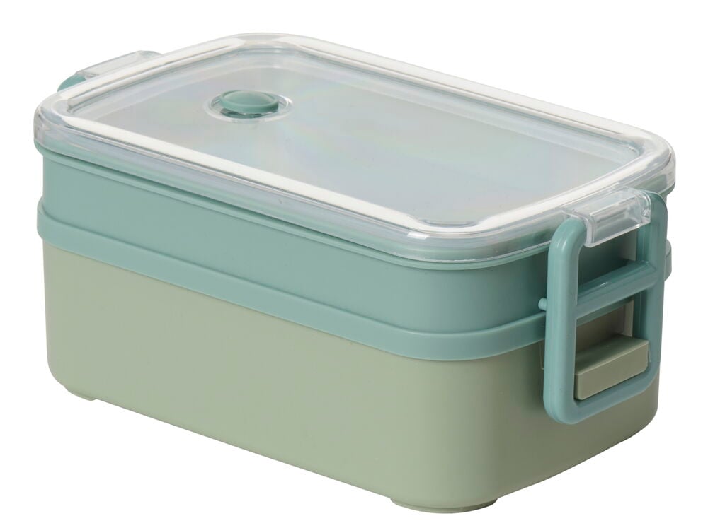 Kaksikerroksinen muovinen ruokalaatikko läpinäkyvällä kannella.