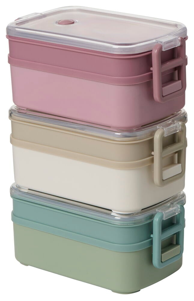 Tre staplade matlådor i olika färger av plast.