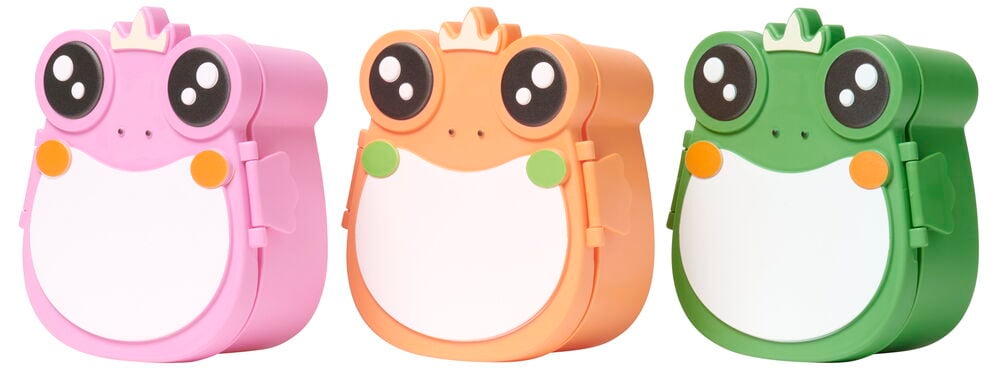 Tre snackslådor med grodform i rosa, orange, grönt.