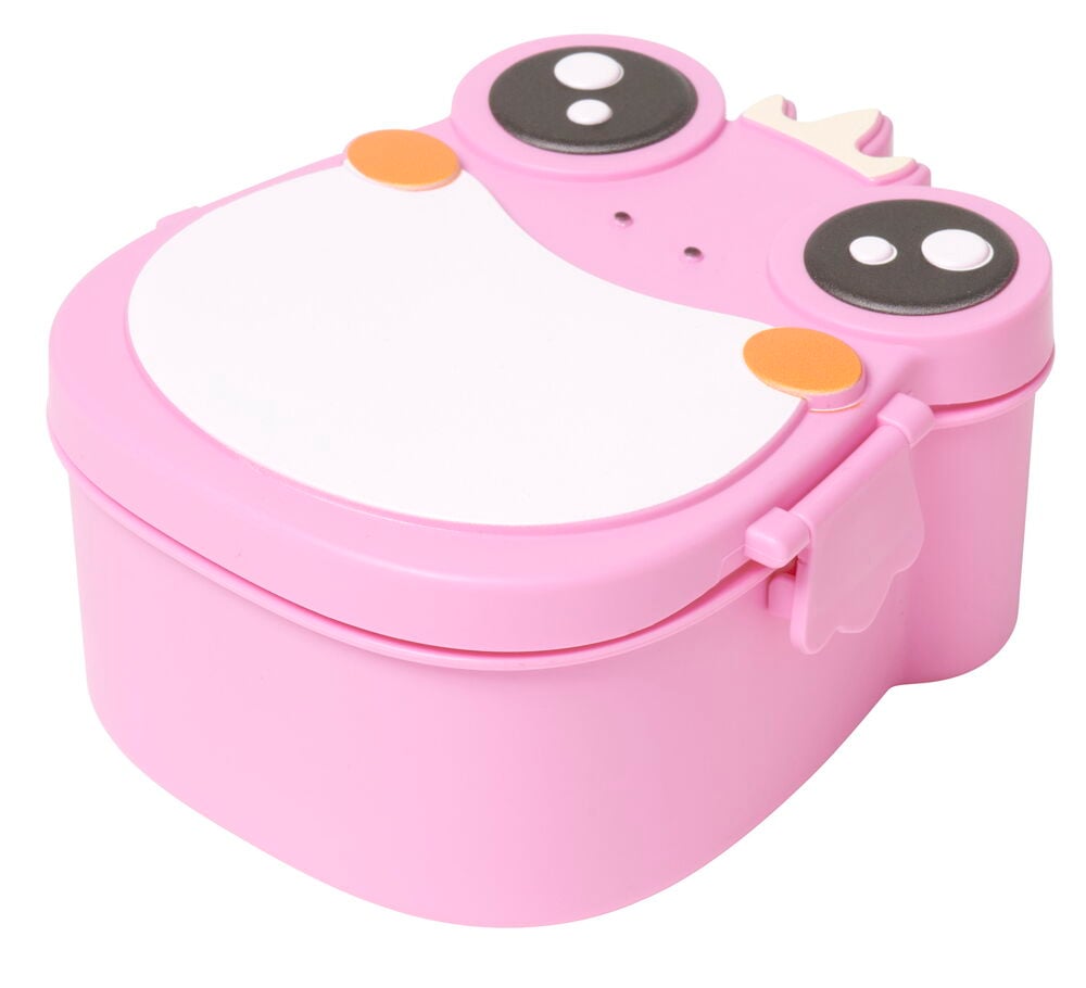 Vaaleanpunainen välipalalaatikko sammakkoaiheella ja napsautuskannella.