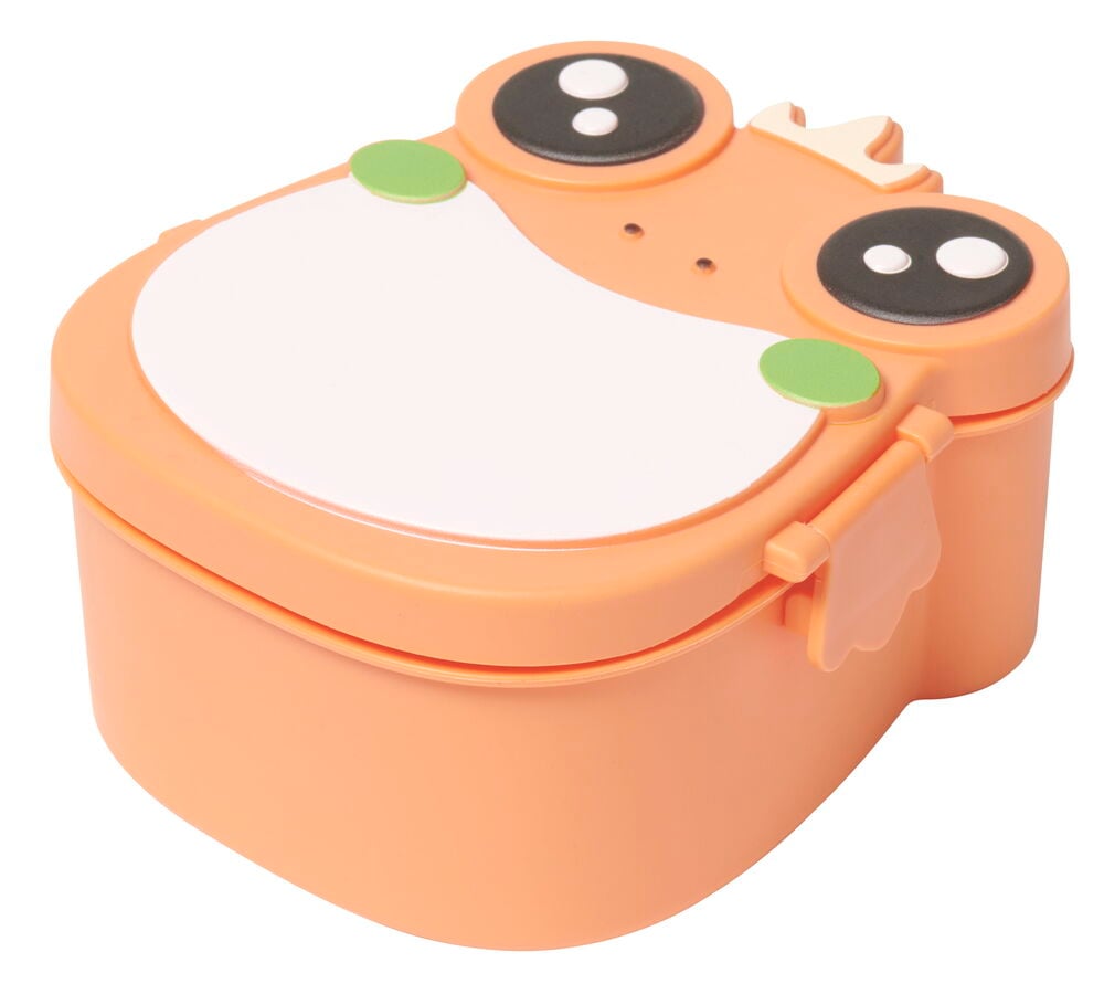 Oranssi sammakon muotoinen muovilaatikko naposteltaville.