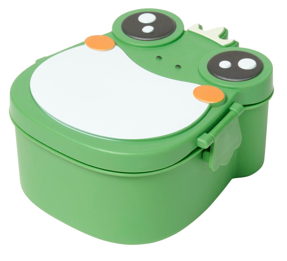 Vihreä välipalalaatikko sammakon muodossa.