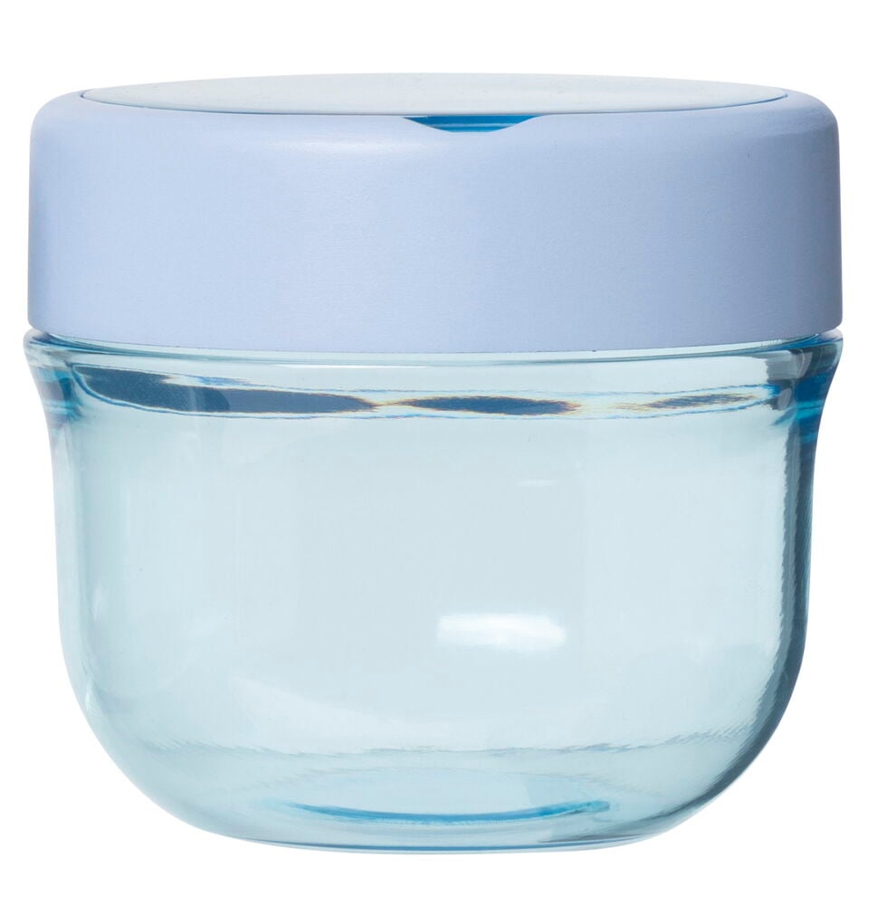 Muovisäiliö sinisellä kierrekannella ja läpinäkyvällä säiliöllä.