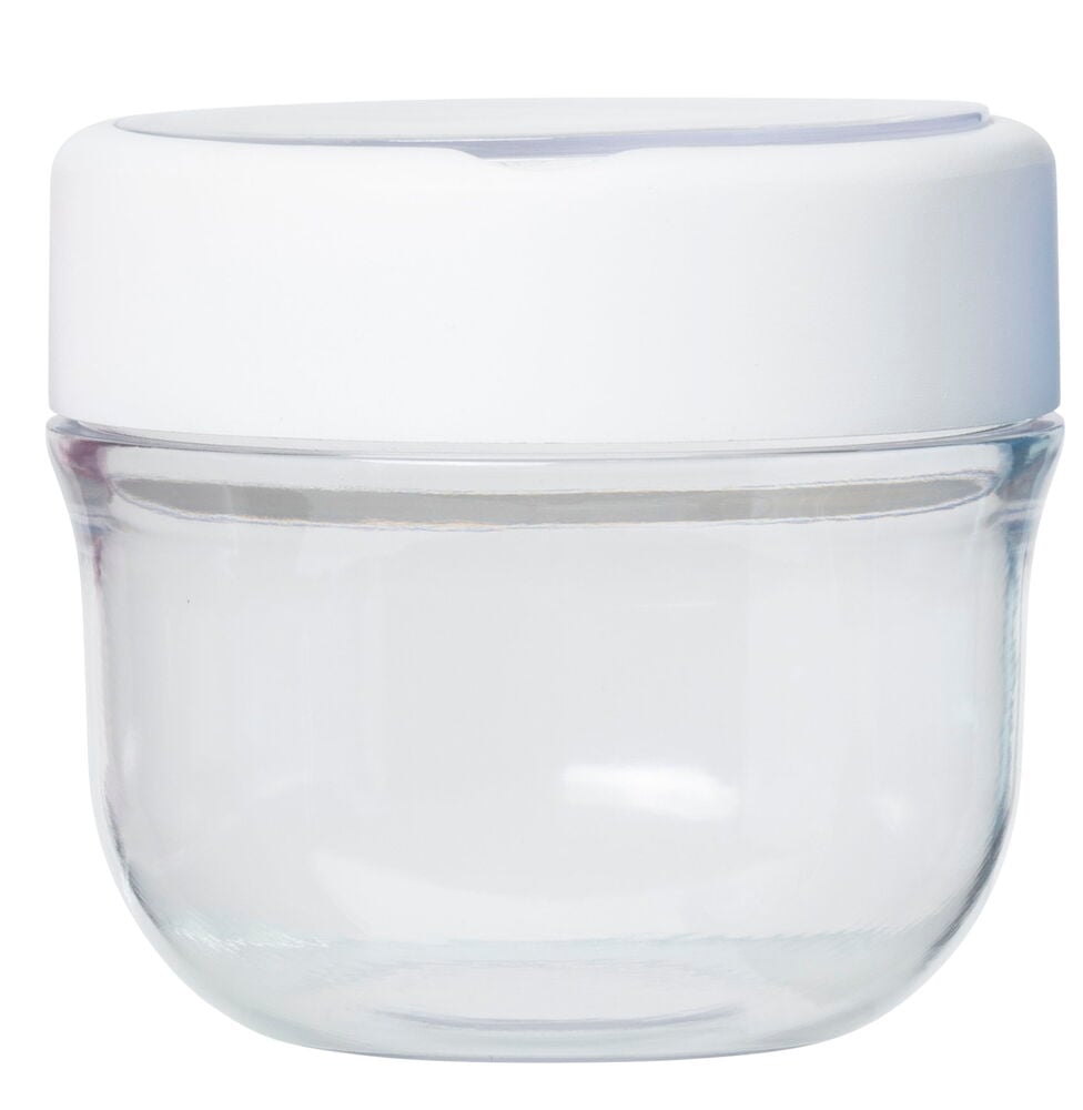 Kierrekannellinen pyöreä muovilaatikko, tyhjä.