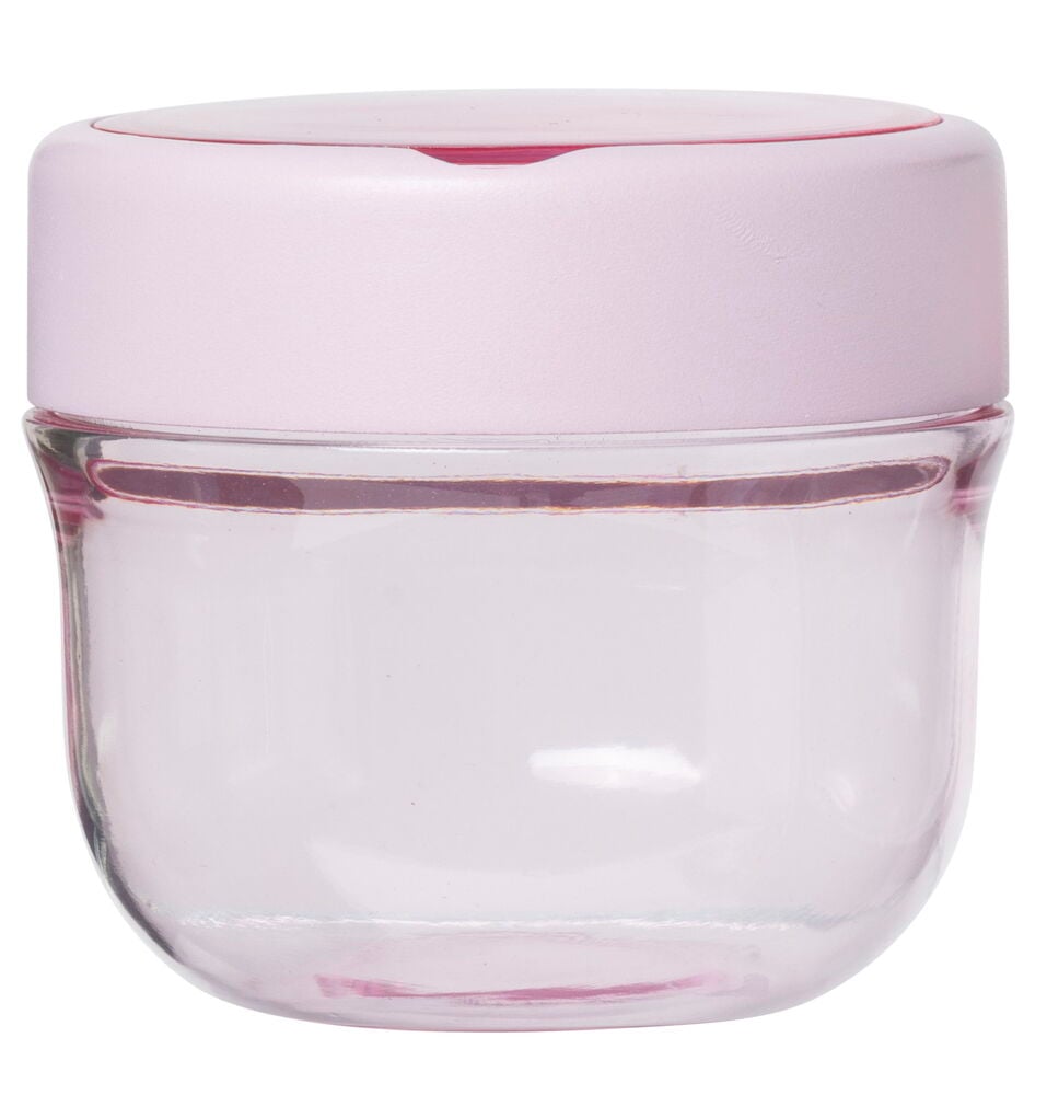 Pyöreä vaaleanpunainen muovipurkki kierrekannella.