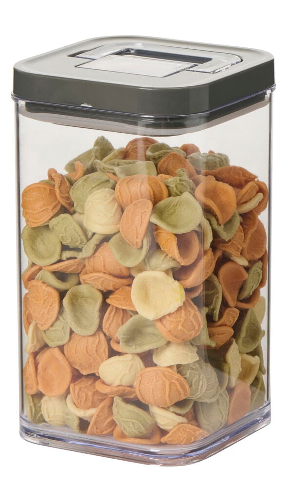 Lufttät förvaringsburk Leo 1 liter Plast Hög, klar med mörkgrått lock, fylld med flerfärgad pasta.