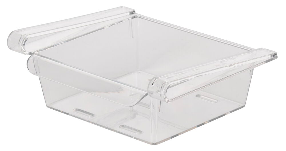 Transparente Kühlschrankbox mit Handgriff und Saugnäpfen.