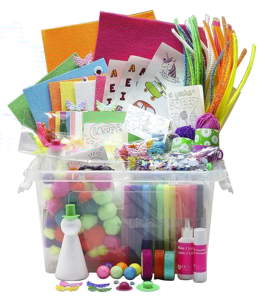 Neonvärinen askartelulaatikko papereilla, kynillä ja koristeilla.