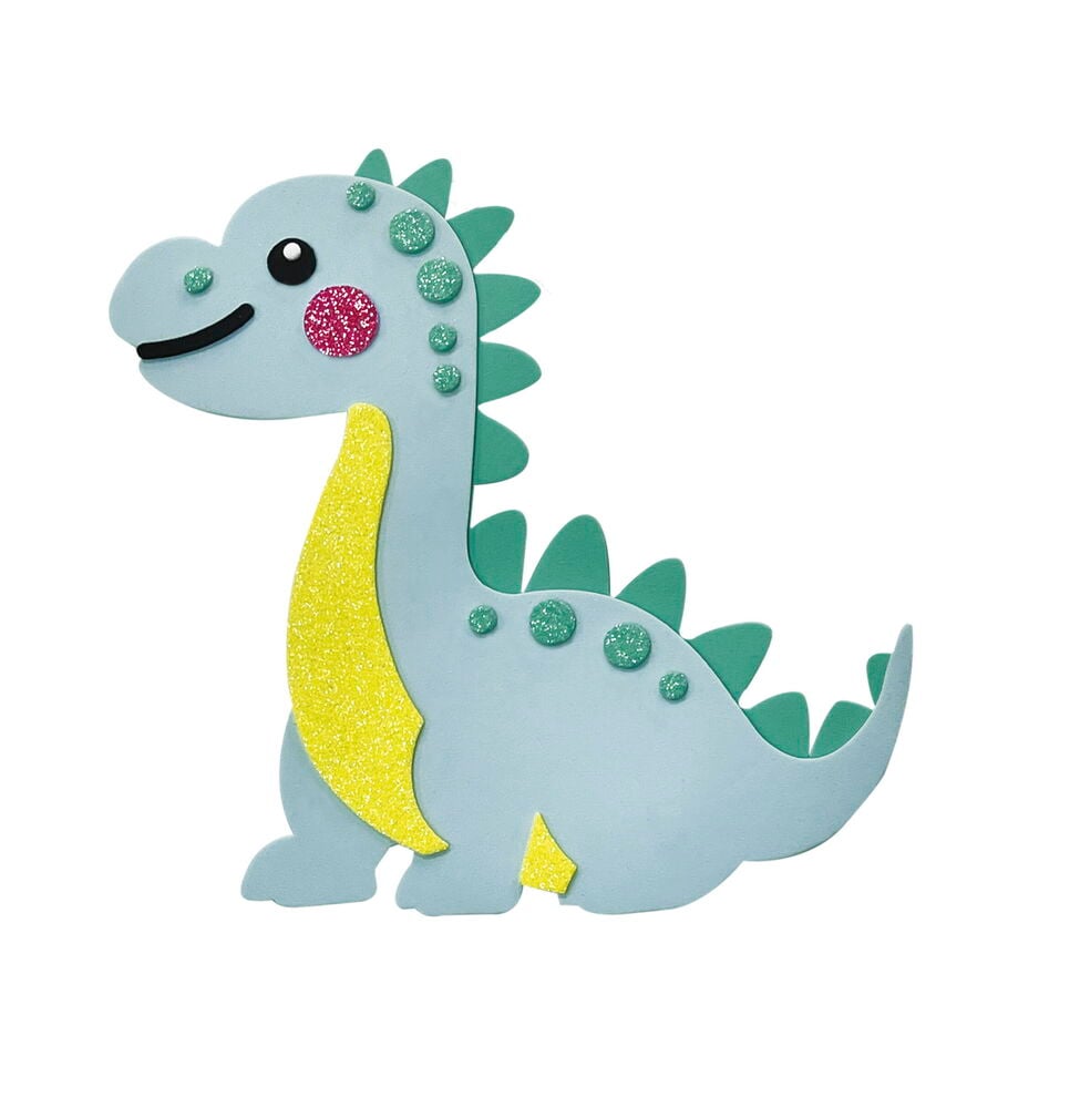 Blå dinosaurie-foamsticker med grønne og gule detaljer.