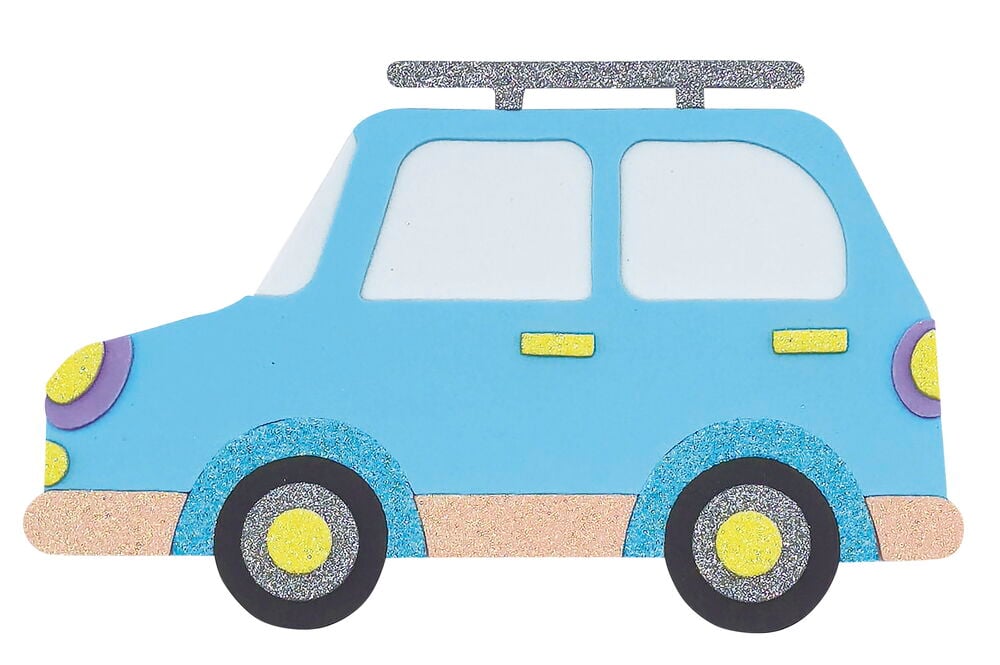Bastelset Foamstickers 3 er-Pack Mixed, zeigt einen blauen Glitzer-Autoaufkleber mit weißen Fenstern, silbernem Dachgepäckträger.