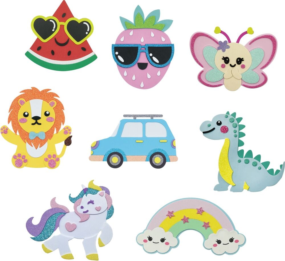 Bastelset Foamstickers 3 er-Pack Mixed mit bunten Glitzer-Tier-, Obst-, Fahrzeug- und Regenbogenmotiven.