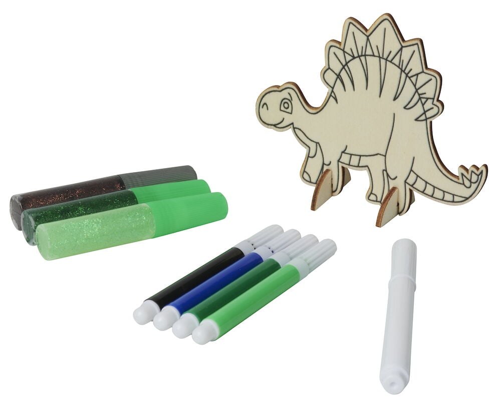 Puinen dinosaurusfiguuri värikynillä ja glitterliimalla.