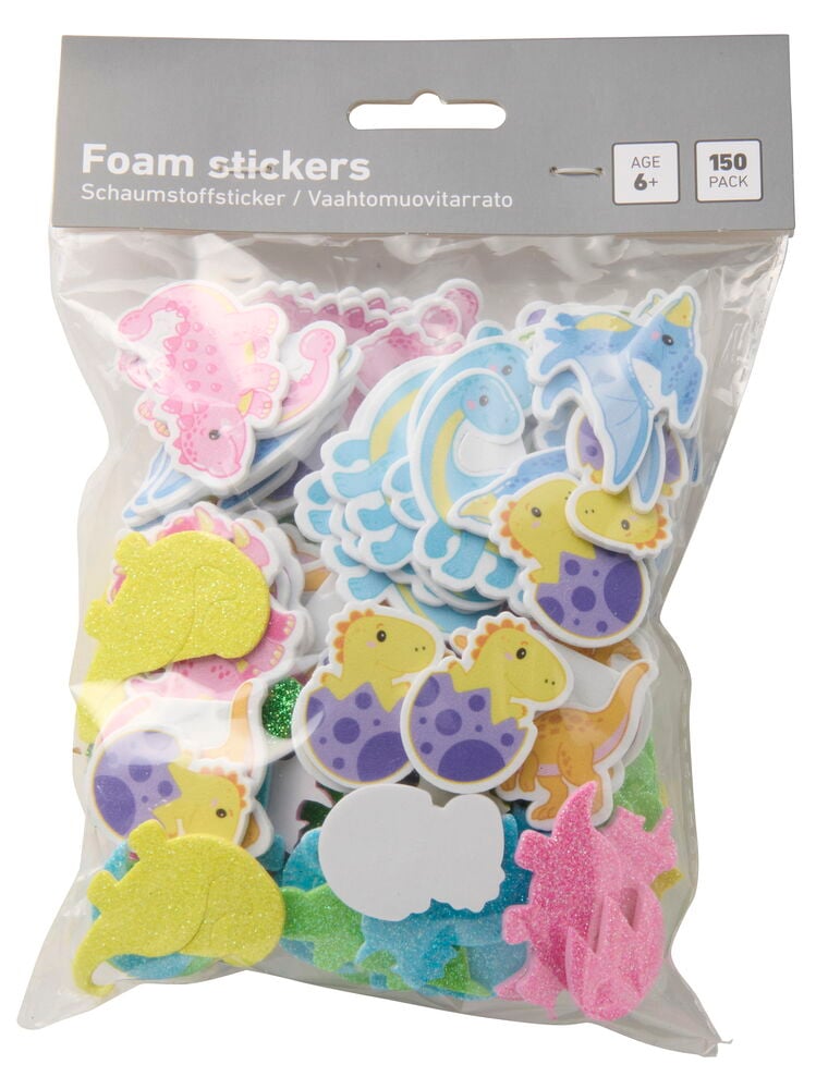 Foam Stickers 150-pack Dinosaurie: Klar påse med olika rosa, blå, gula, gröna glitter dinosaurieformade skumklistermärken.