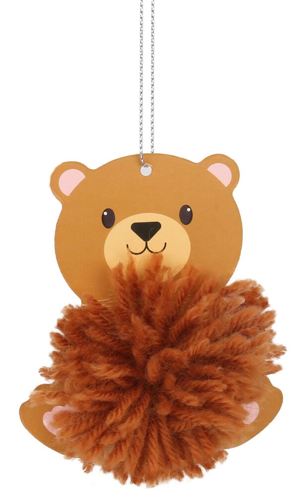 Brun pompom björnfigur med hängande snöre.