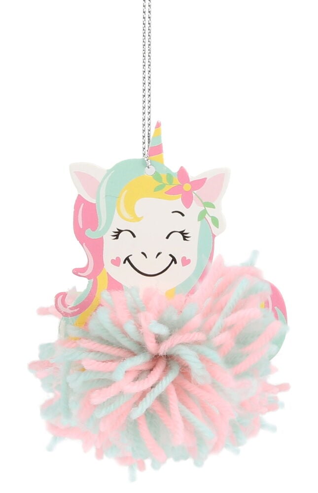 En rosa och grön enhörning pompom dekoration.