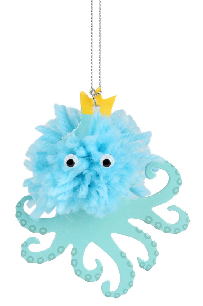 Blå pompombläckfisk med krona och upphängning.