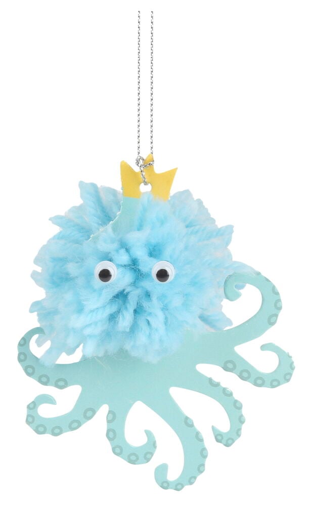 Blå bläckfisk av garn med krona och ögon.