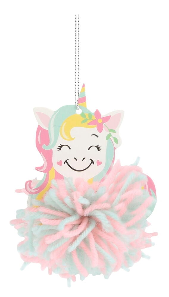 En enhörning med rosa och grönt garnpompom.