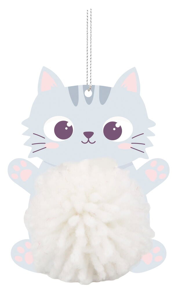 Papperskatt med vit garnboll i mitten.