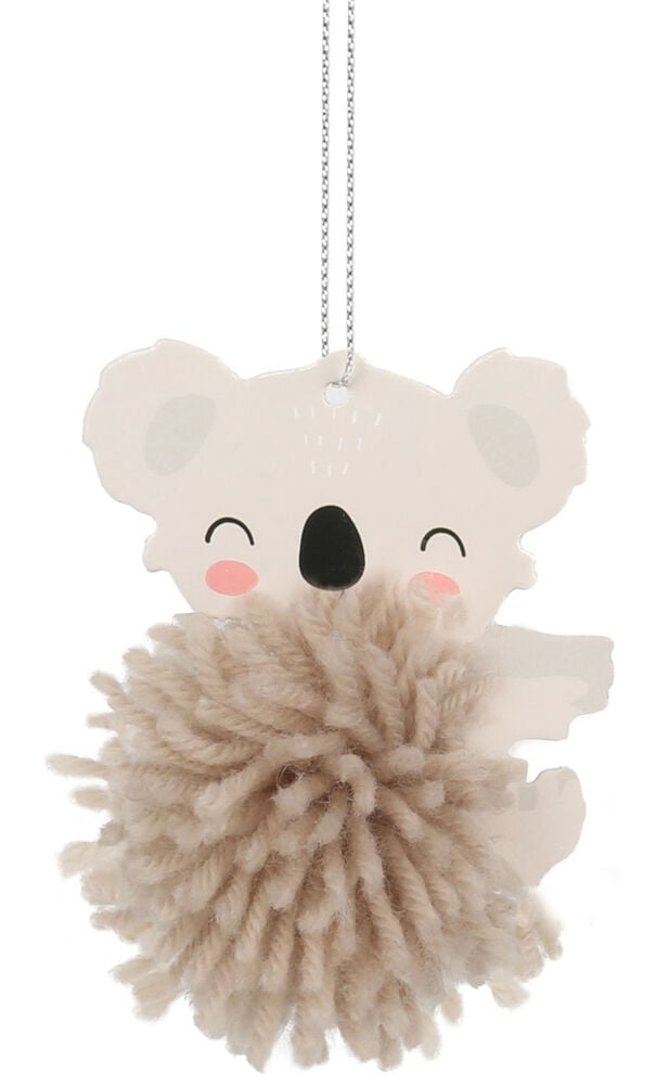 Koalaformad pompom med hängande snöre.