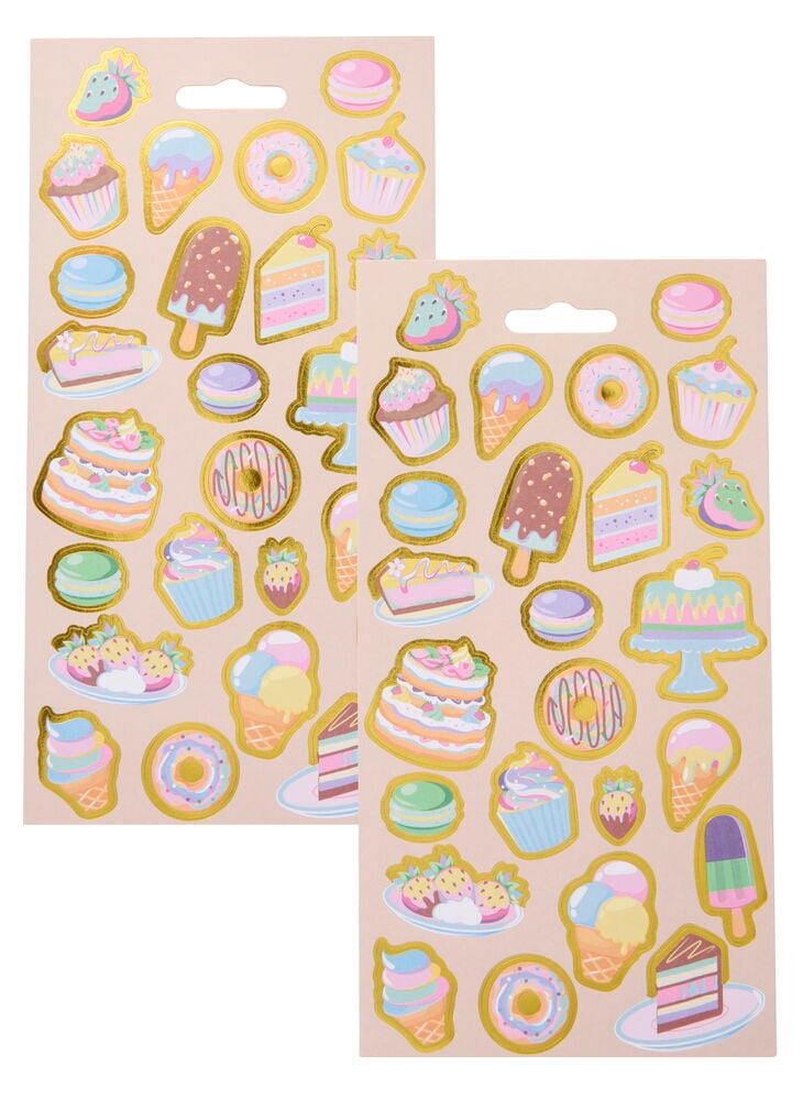 Två ark Klistermärken Tårta med olika pastellfärgade dessertillustrationer och guldkonturer.