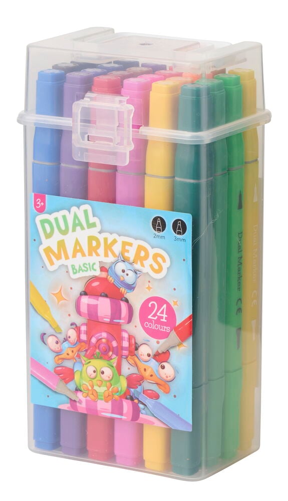 Eine transparente Plastikbox enthält 24 Doppelfasermaler, Grundfarben, auf wässriger Basis, mit Etikett.