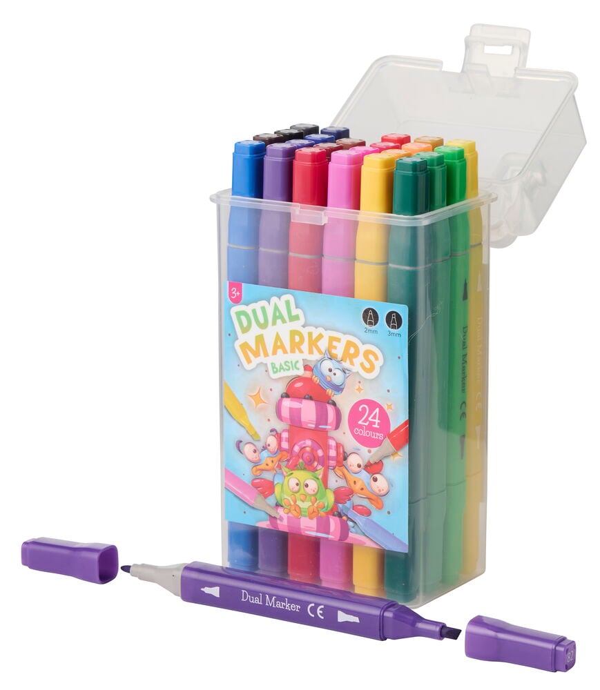 Doppelfasermaler 24 er-Pack Grundfarben auf wässriger Basis im transparenten Etui, ein offener lila Marker gezeigt.