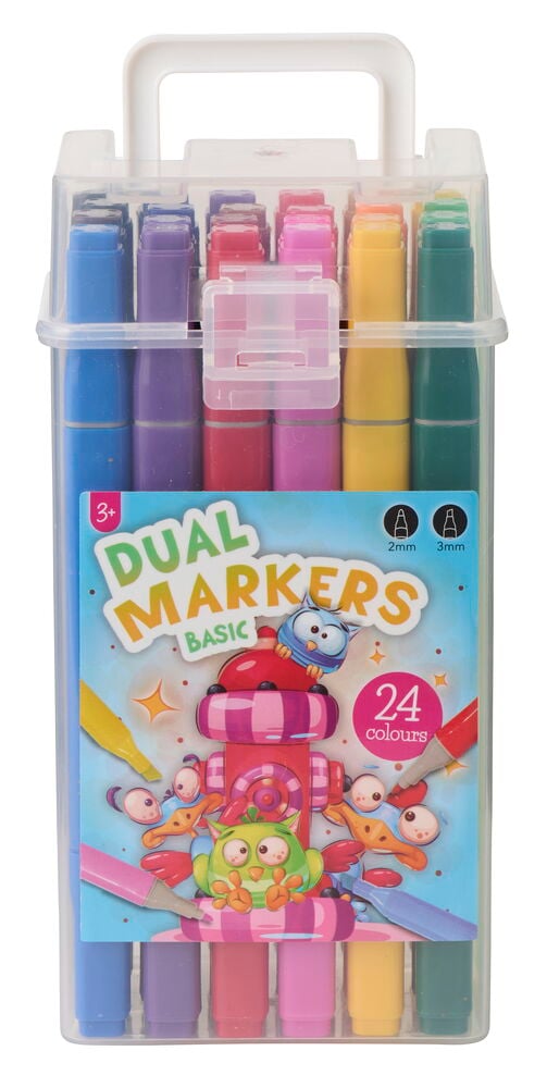Doppelfasermaler 24 er-Pack Grundfarben auf wässriger Basis, in einem transparenten Kunststoffgehäuse mit Griff und bunten Stiften.