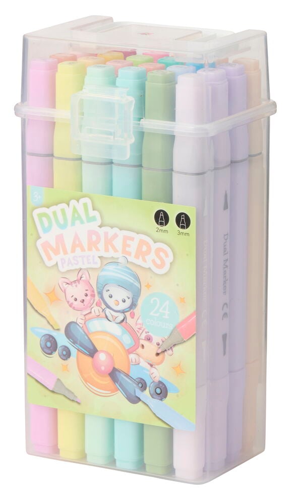 Doppelfasermaler 24er-Pack Pastellfarben auf wässriger Basis, in einer transparenten Kunststoffbox mit Etikett.