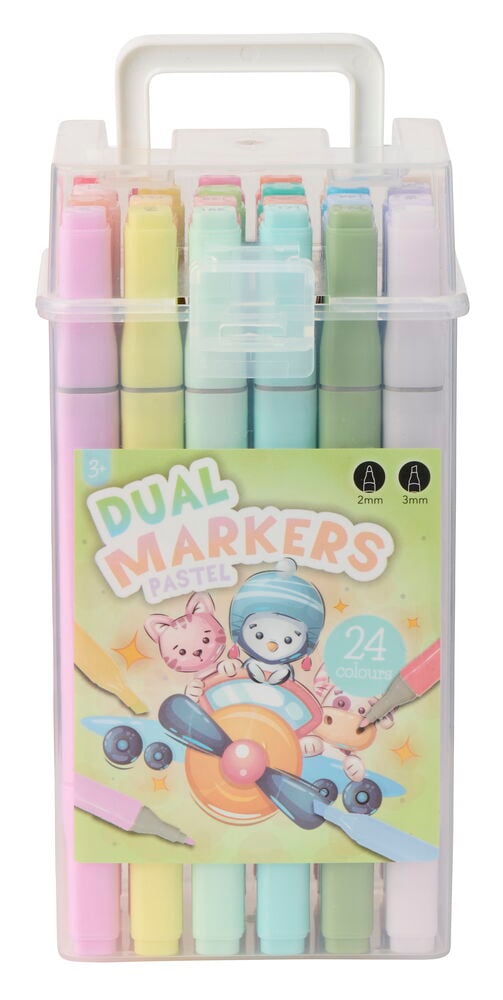 Doppelfasermaler 24er-Pack Pastellfarben auf wässriger Basis in transparenter Kunststoffverpackung mit weißem Griff.