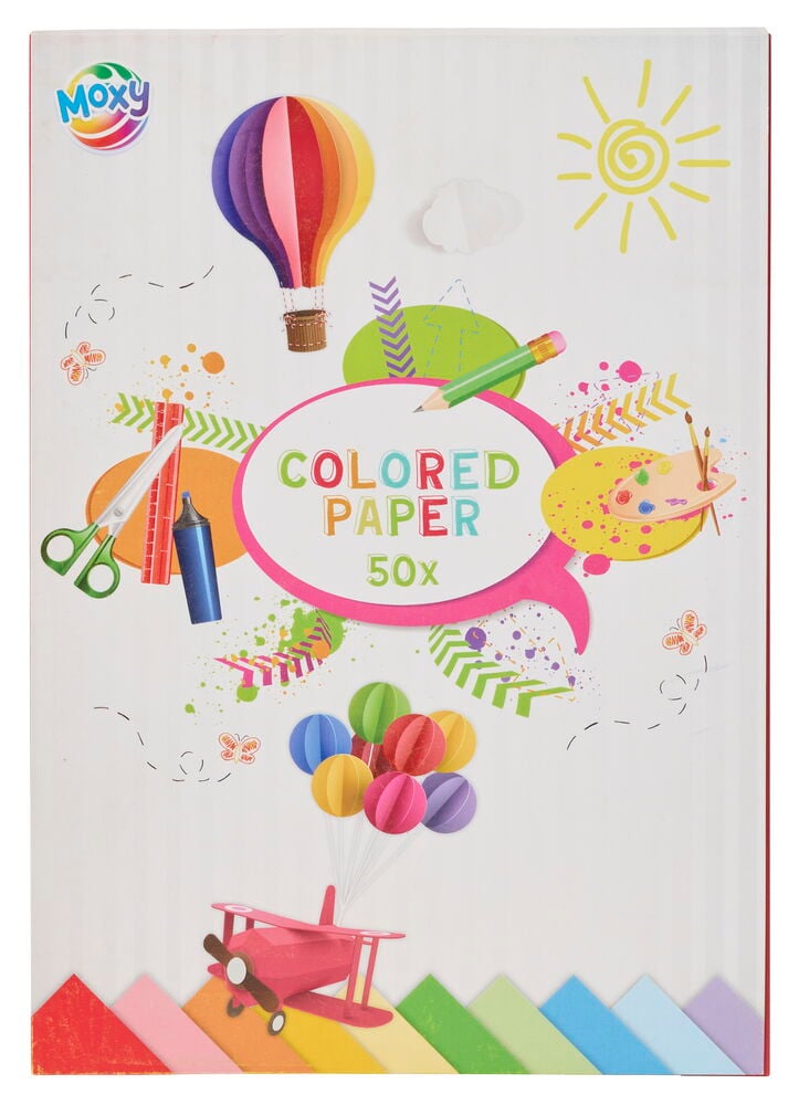 Färgat papper A4 50 ark förpackning, vit med färgglada pysselillustrationer och 'COLORED PAPER 50x' text.