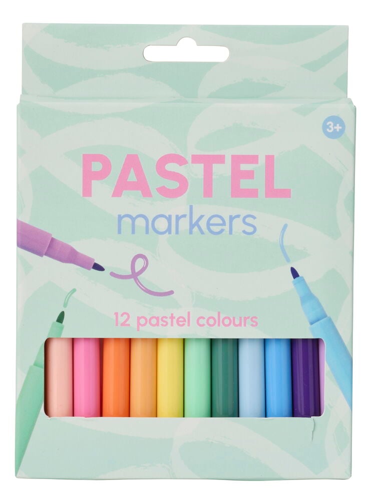 Vaalea mintunvihreä pakkaus, jossa on 12 pastelliväristä huopakynää ja läpinäkyvä ikkuna, näyttäen Huopakynä 12-pack Pastelli.