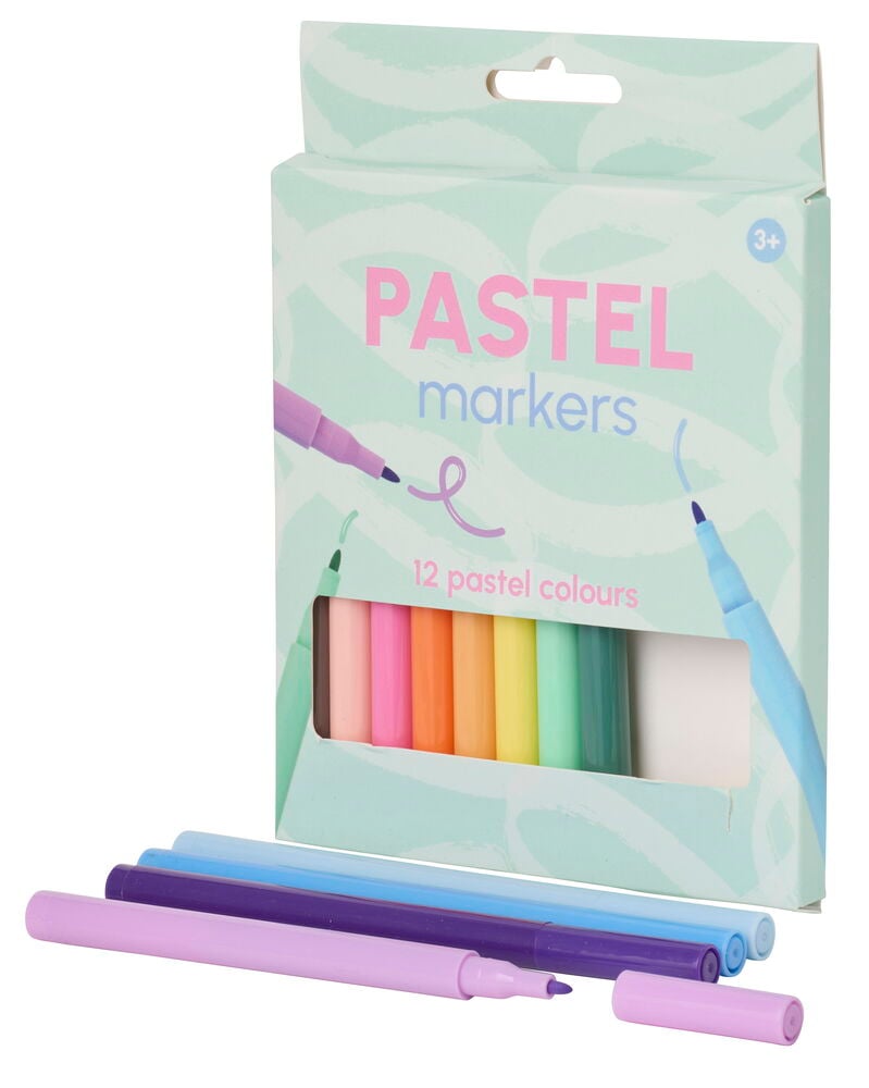 Mintunvihreä rasia Huopakynä 12-pack Pastelli, esittelee useita pastellivärisiä kyniä.