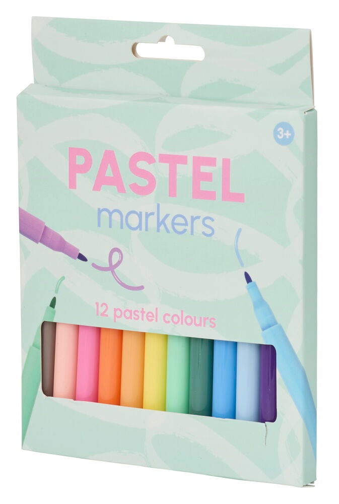 Vaaleanvihreä pakkaus Huopakynä 12-pack Pastelli, näyttää 12 pastelliväristä huopakynää ikkunan läpi.
