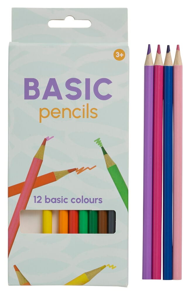 Vaaleansininen Basic-kynälaatikko, jossa on 12 perusväriä ja neljä erillistä värikynää vieressä.