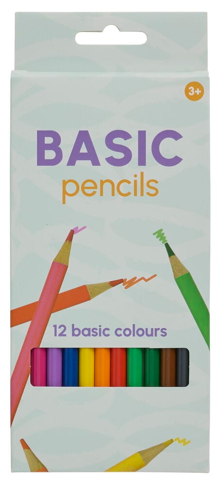 Valkoinen pahvilaatikko Basic värikyniä 12 perusvärissä, teroitettuja kyniä ja 3+ ikäluokituksen kanssa.