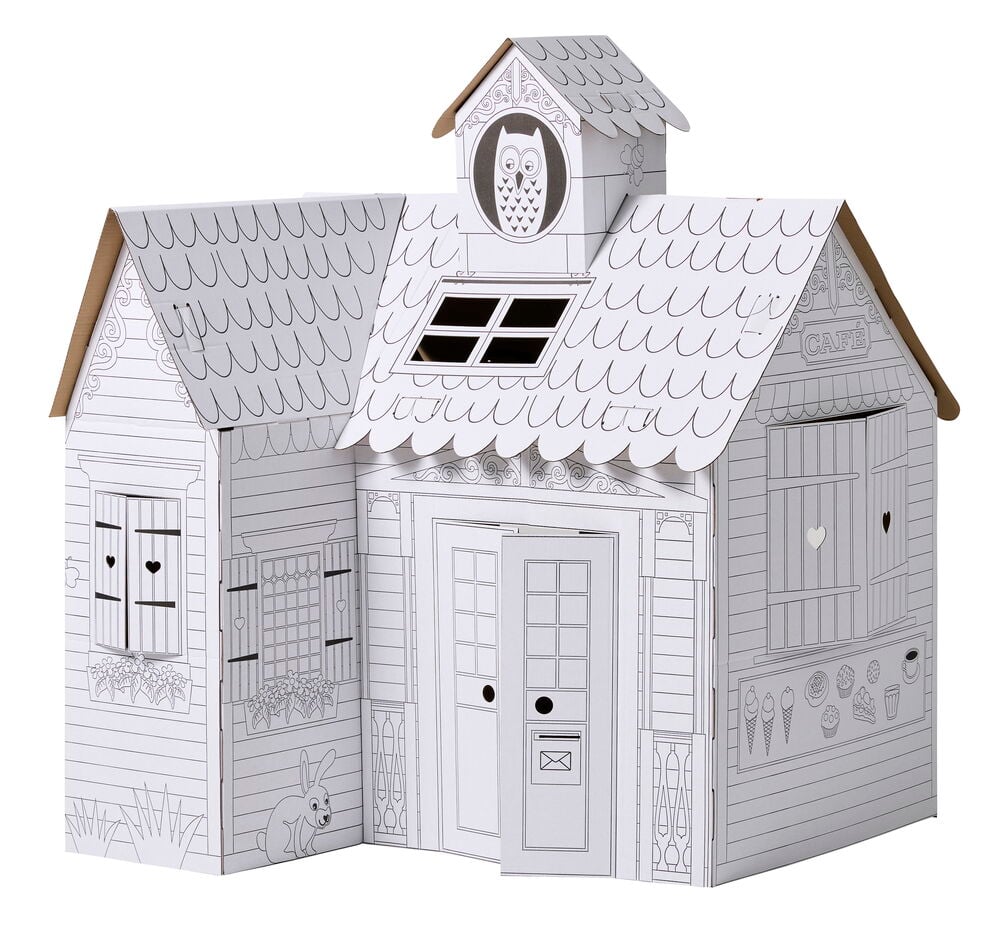 Weißes Karton Spielhaus Elsaform Kids Karton Zum Ausmalen mit umrissenen Hausdetails, Tier- und Café-Designs.