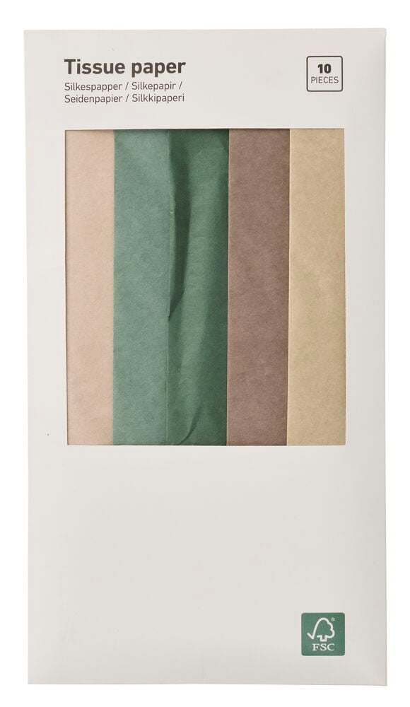 Vit förpackning med Silkespapper 10-pack Natur, med fönster som visar naturligt färgade ark.