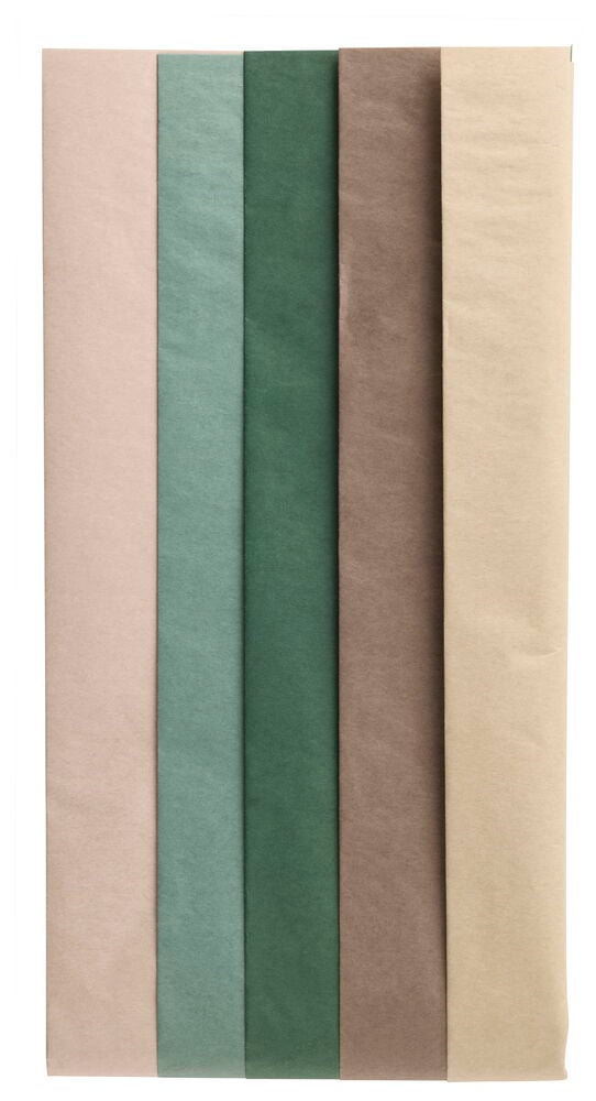 Silkkipaperi 10-pack Luonnonvärinen vaaleanpunaisena, turkoosina, tummanvihreänä, ruskeana ja vaaleanbeigenä.