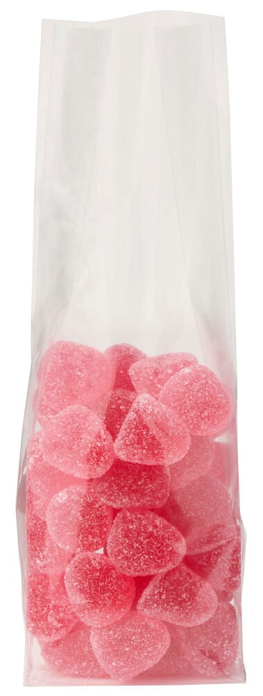 Ein transparenter Cellophan-Beutel 10 er-Pack, gefüllt mit rosa zuckerüberzogenen herzförmigen Bonbons.