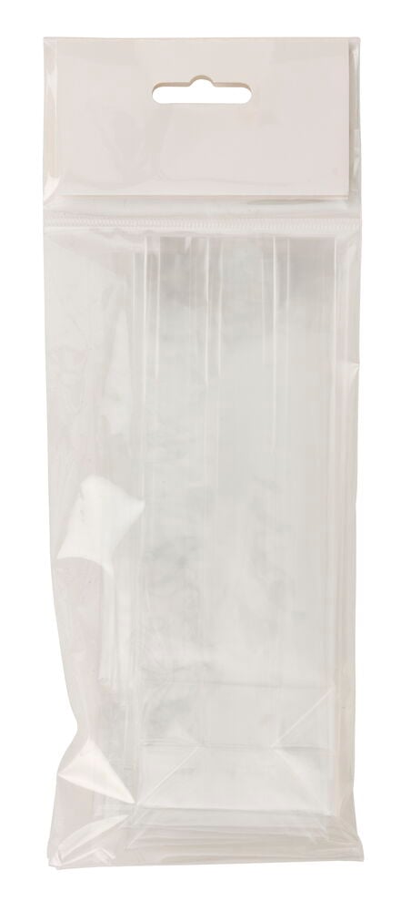 Kirkas sellofaanipussi 10-pack valkoisella suorakaiteen muotoisella yläosalla ja ripustusreiällä.