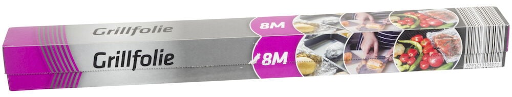 En lång silverfärgad förpackning med texten Grillfolie 8M.