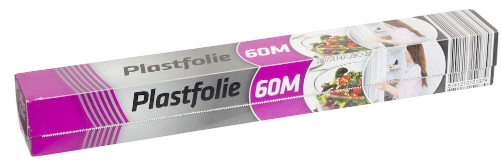 En rulle plastfolie i silver och rosa förpackning.