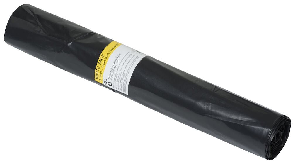 En rulle svarta sopsäckar med etikett.