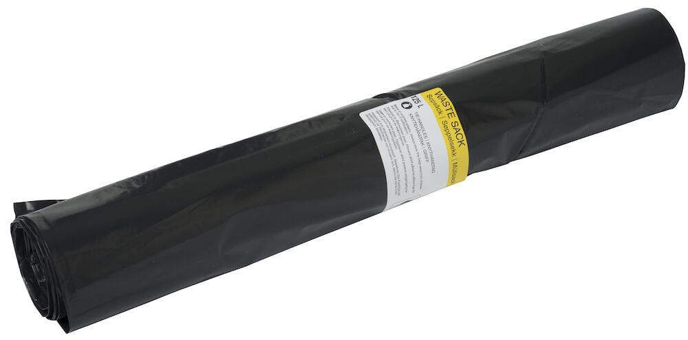 Eine Rolle schwarze Müllsäcke mit Etikett.